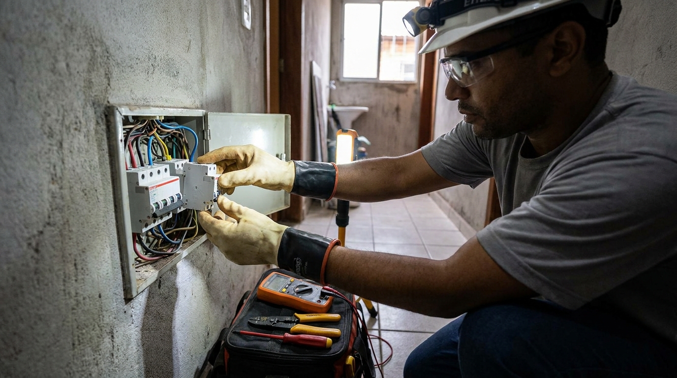 Eletricista comercial instalando disjuntor em Taubaté‑SP